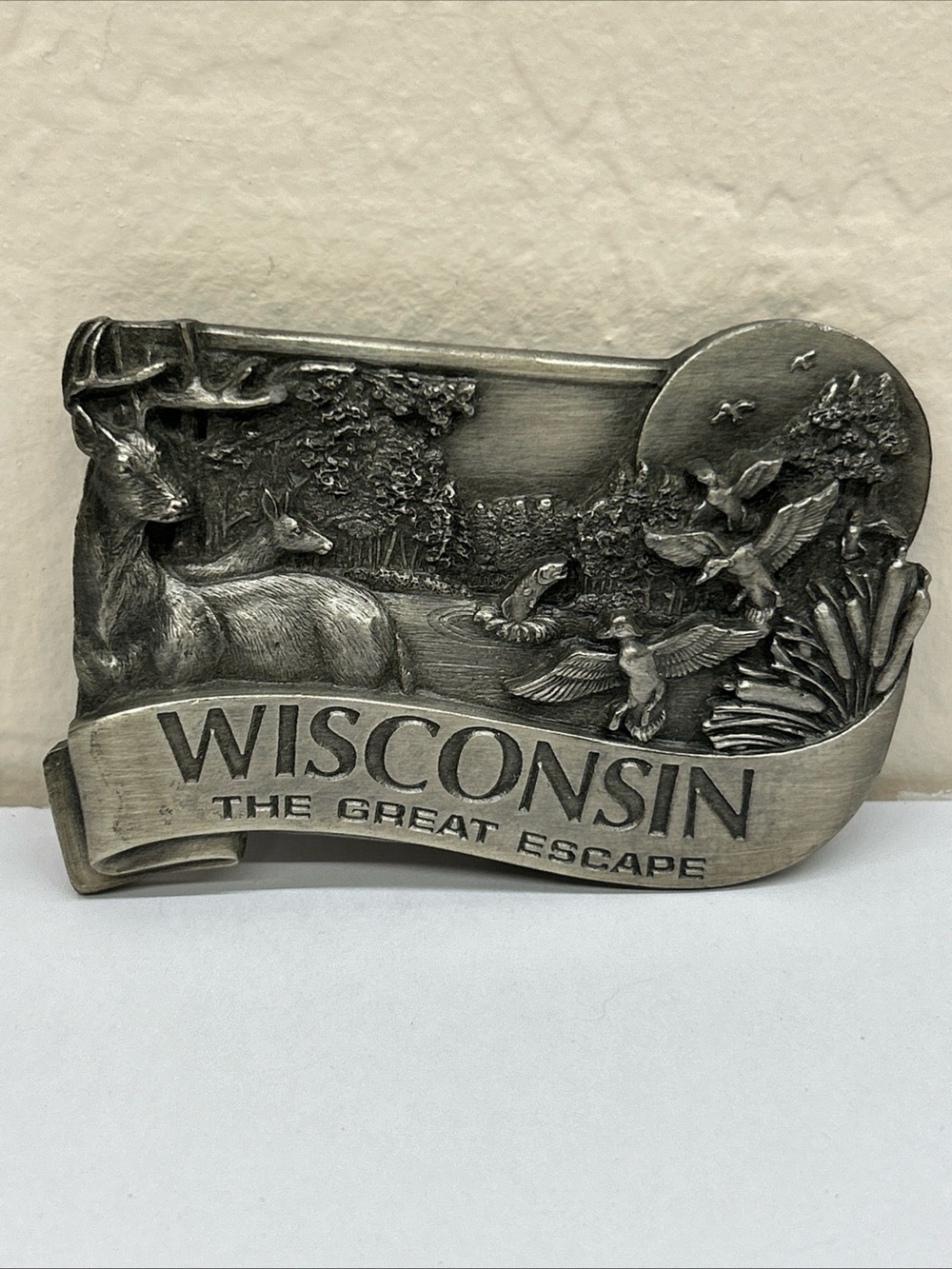 Wisconsin State Pewter Belt Buckle The Great Escape Vintage 1984 Bergamot Brass